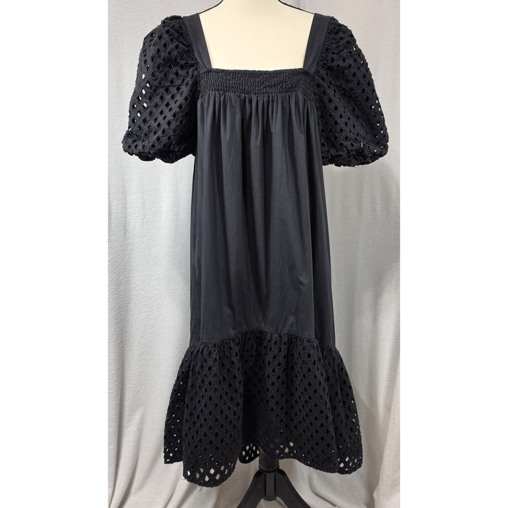 Gibson Latimer Black Cotton Puff Sleeve Midi Dress M Whimsigoth Cottagecore Boho